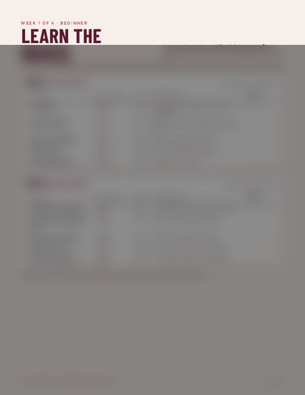 Week 1 workout page from the Beginner program (blurred)