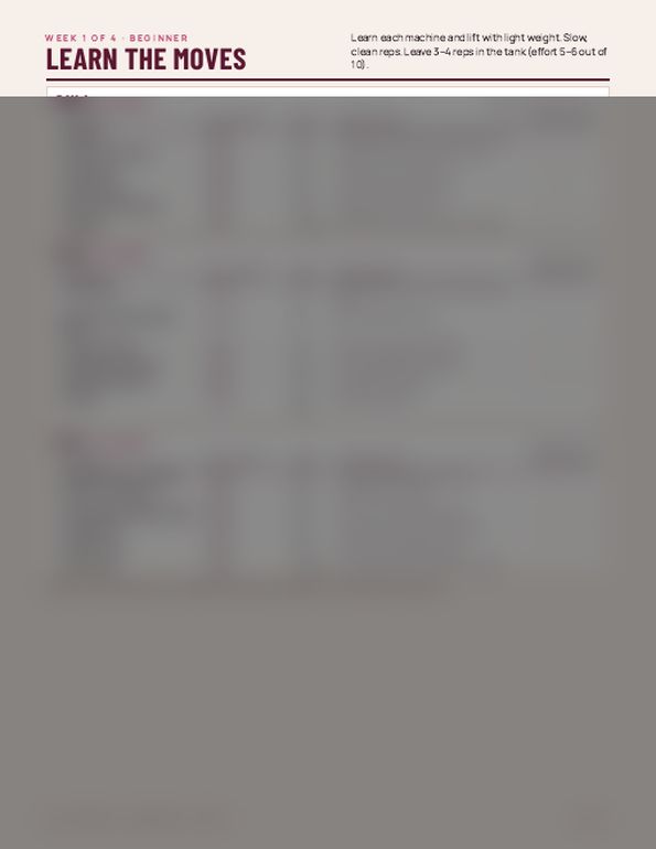 Week 1 workout page from the Beginner program (blurred)