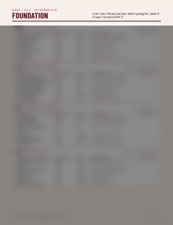 Week 1 workout page from the Intermediate program (blurred)